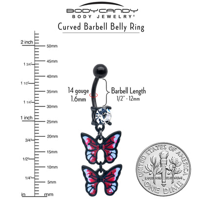 Clear CZ Gem Black Butterfly Duo Red Dangle Belly Ring - - BELLY RING Dangle