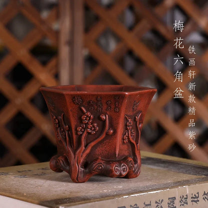 Purple Sand Plum Blossom Bonsai Pot – Carved Traditional Chinese Planter - - Planter