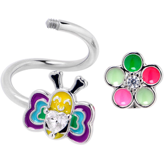 14G 3/8 Clear CZ Gem Butterfly Love Bug Spiral Twister Belly Ring - - BELLY RING Spiral
