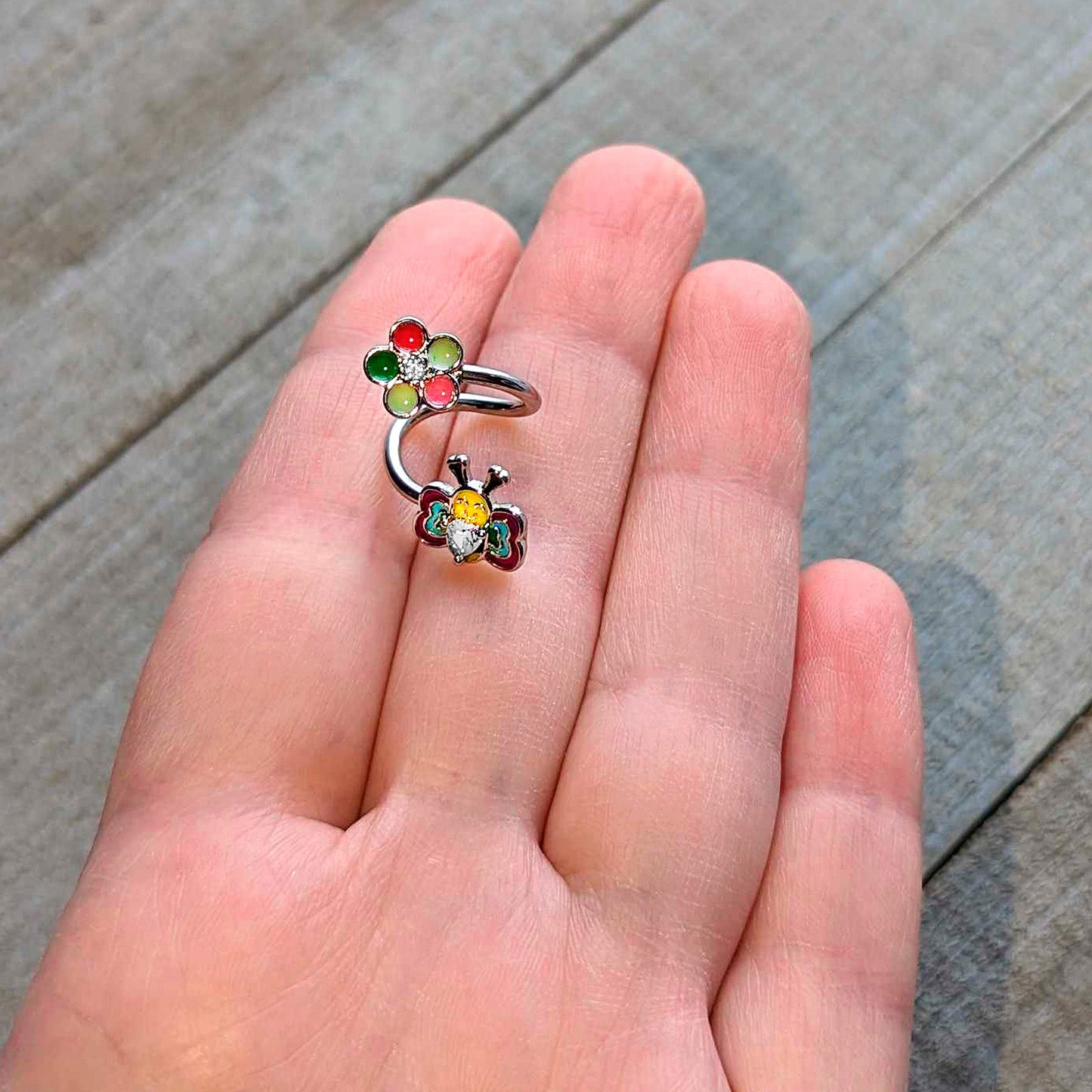 14G 3/8 Clear CZ Gem Butterfly Love Bug Spiral Twister Belly Ring - - BELLY RING Spiral