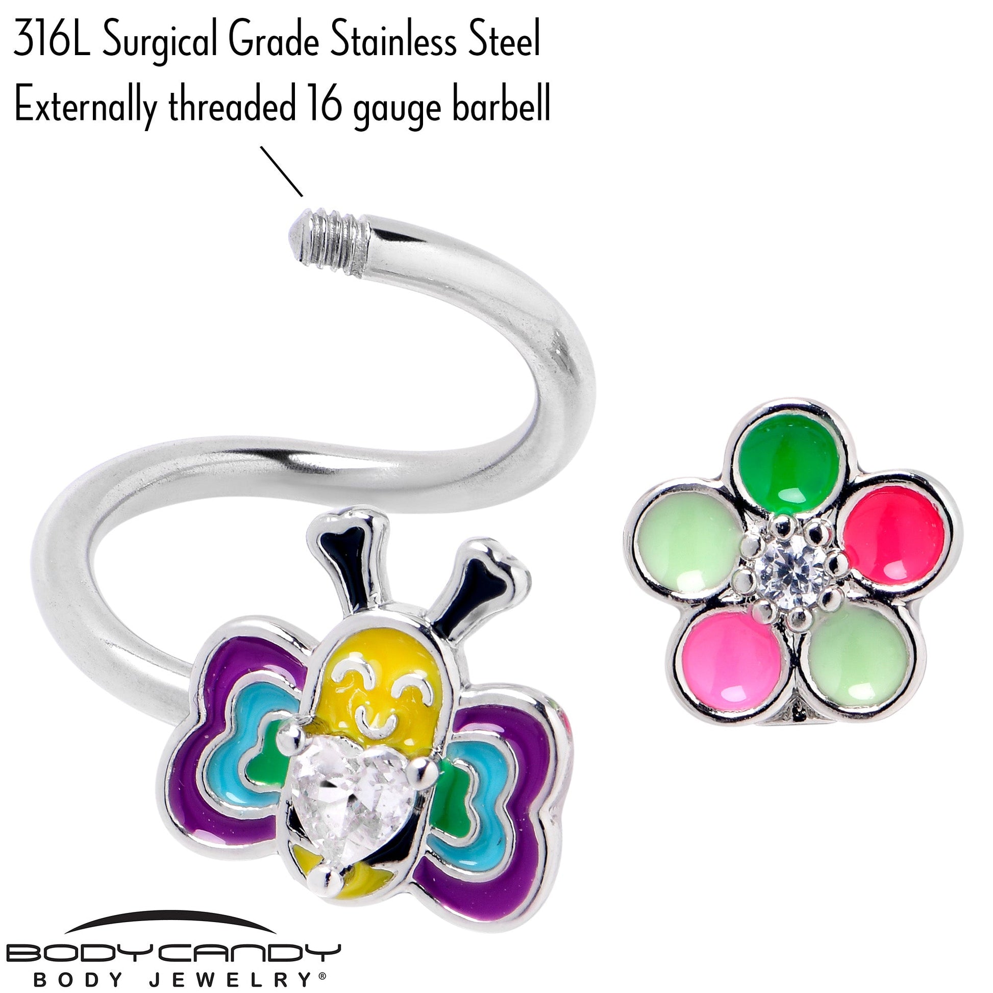 14G 3/8 Clear CZ Gem Butterfly Love Bug Spiral Twister Belly Ring - - BELLY RING Spiral
