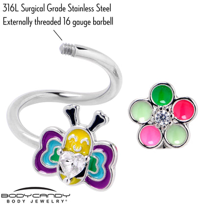 14G 3/8 Clear CZ Gem Butterfly Love Bug Spiral Twister Belly Ring - - BELLY RING Spiral