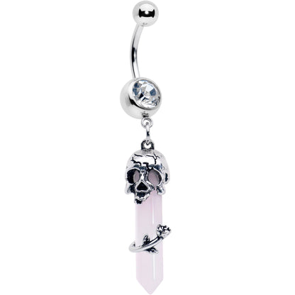 Pink Rose Quartz Skull Obelisk Rose Dangle Belly Ring - - BELLY RING Dangle
