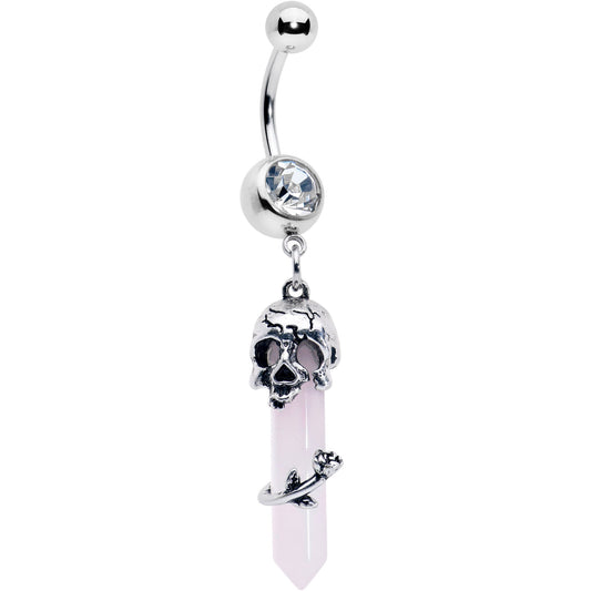 Pink Rose Quartz Skull Obelisk Rose Dangle Belly Ring - - BELLY RING Dangle