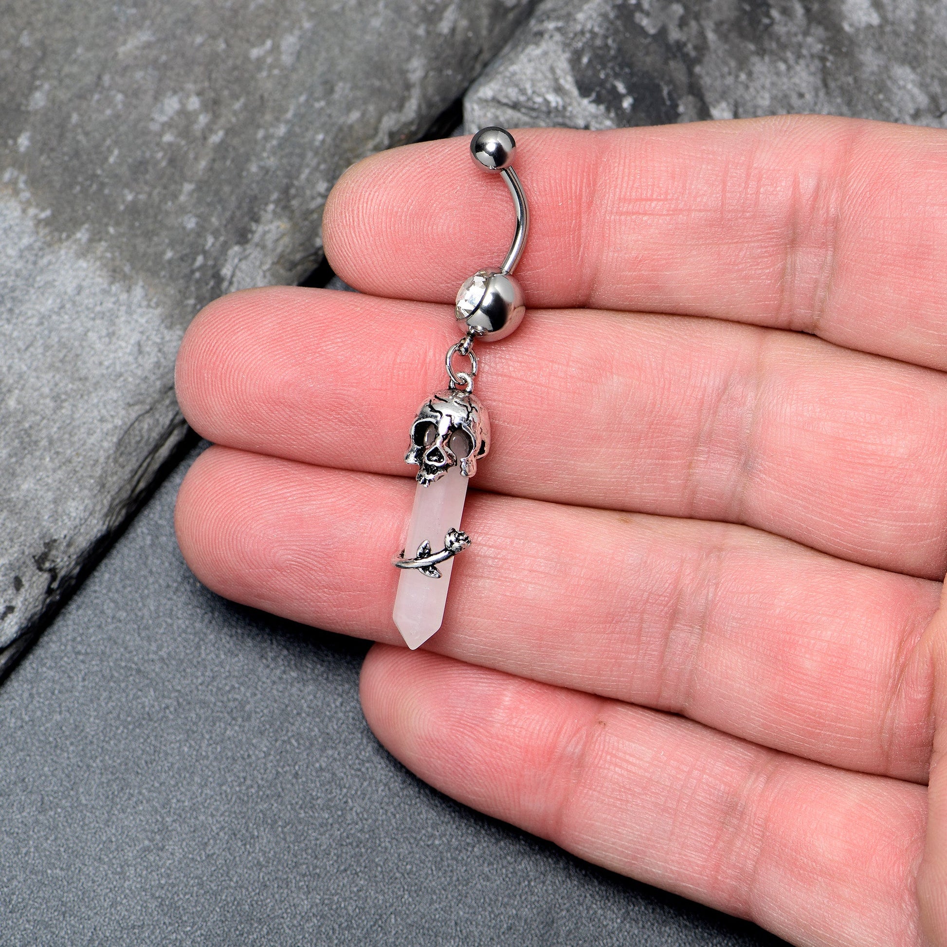 Pink Rose Quartz Skull Obelisk Rose Dangle Belly Ring - - BELLY RING Dangle