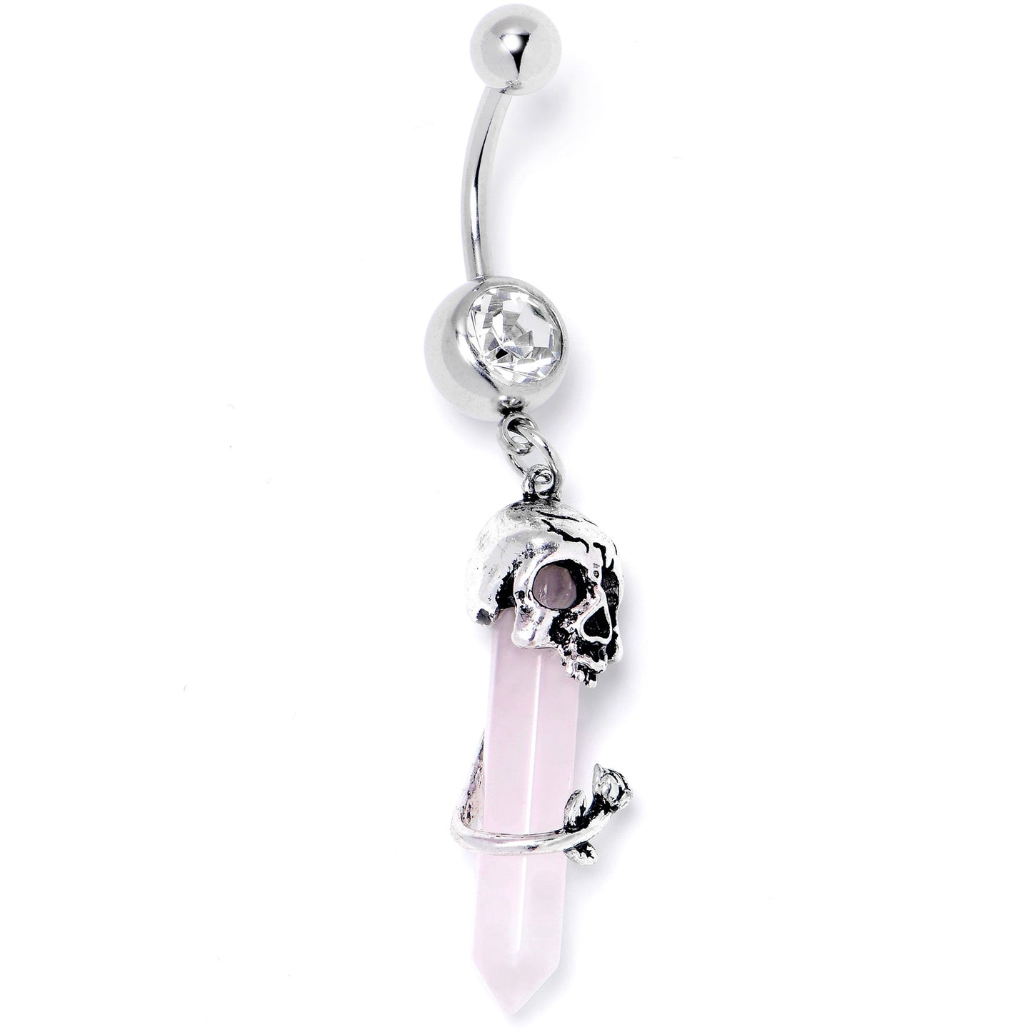 Pink Rose Quartz Skull Obelisk Rose Dangle Belly Ring - - BELLY RING Dangle