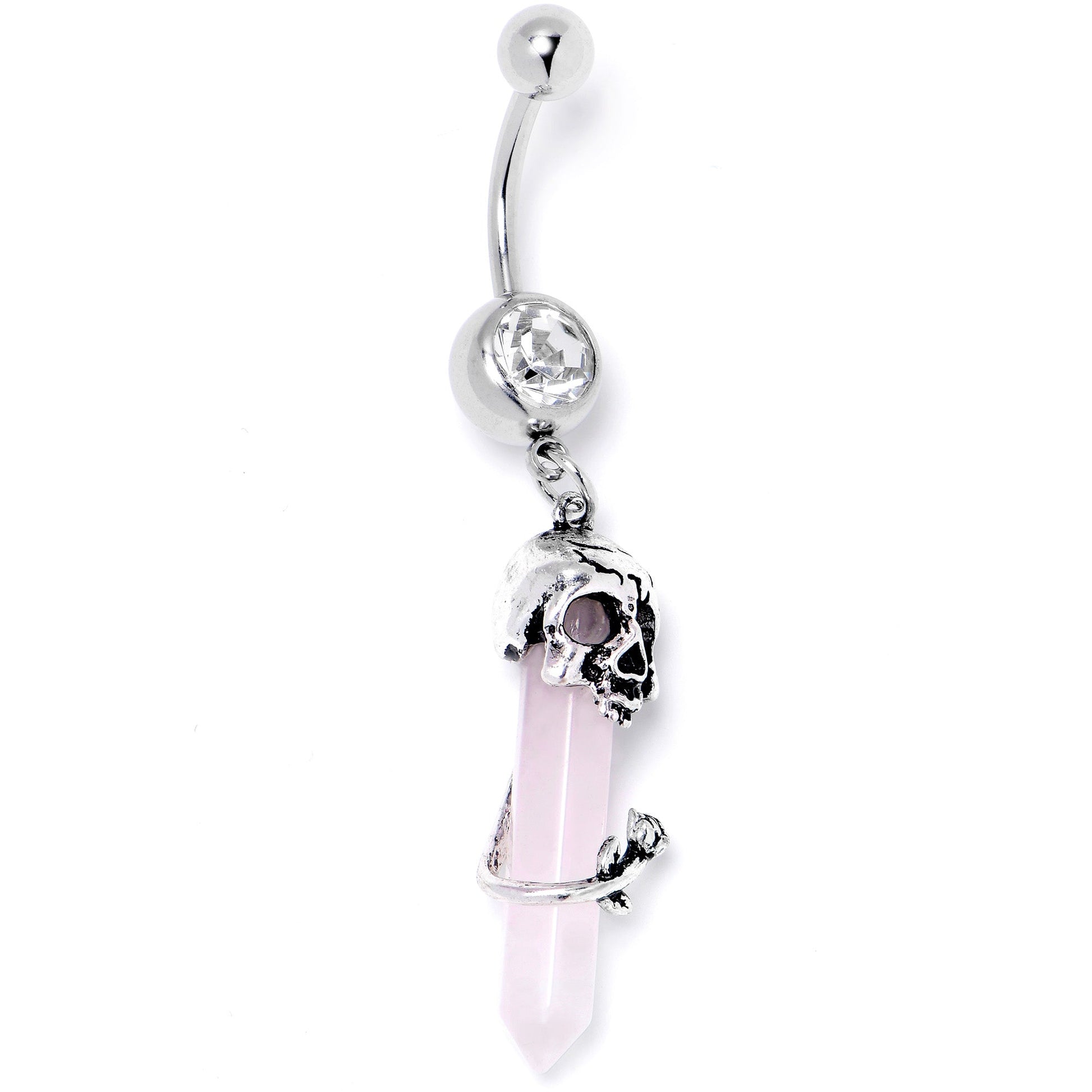 Pink Rose Quartz Skull Obelisk Rose Dangle Belly Ring - - BELLY RING Dangle