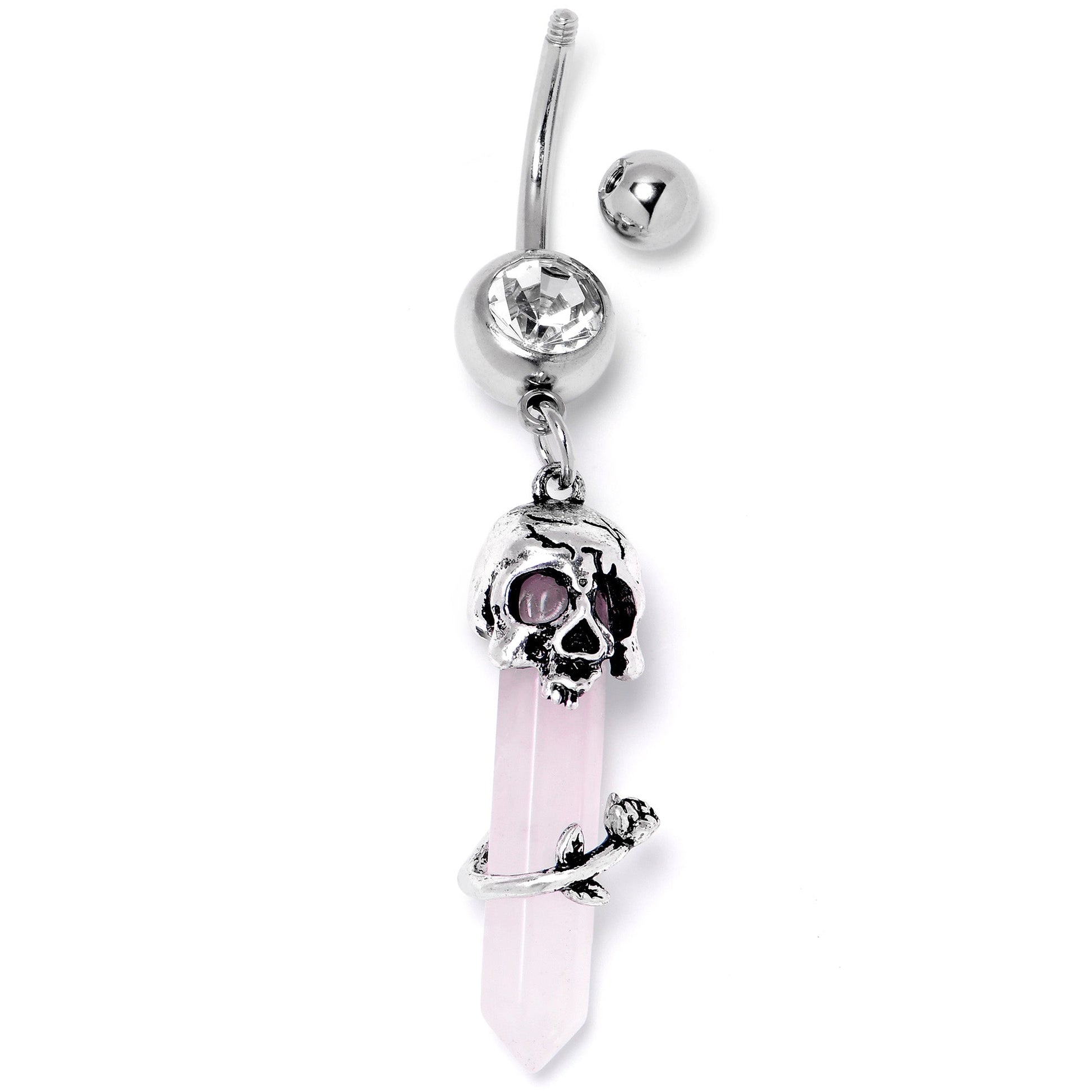 Pink Rose Quartz Skull Obelisk Rose Dangle Belly Ring - - BELLY RING Dangle