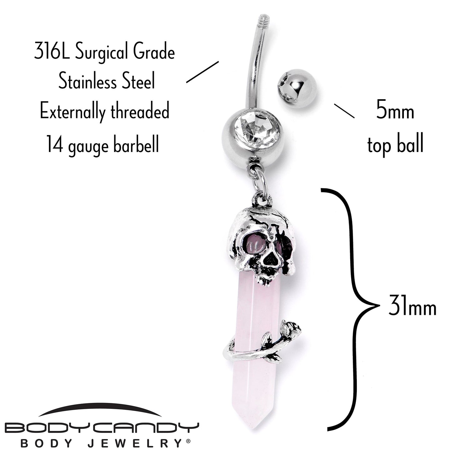 Pink Rose Quartz Skull Obelisk Rose Dangle Belly Ring - - BELLY RING Dangle