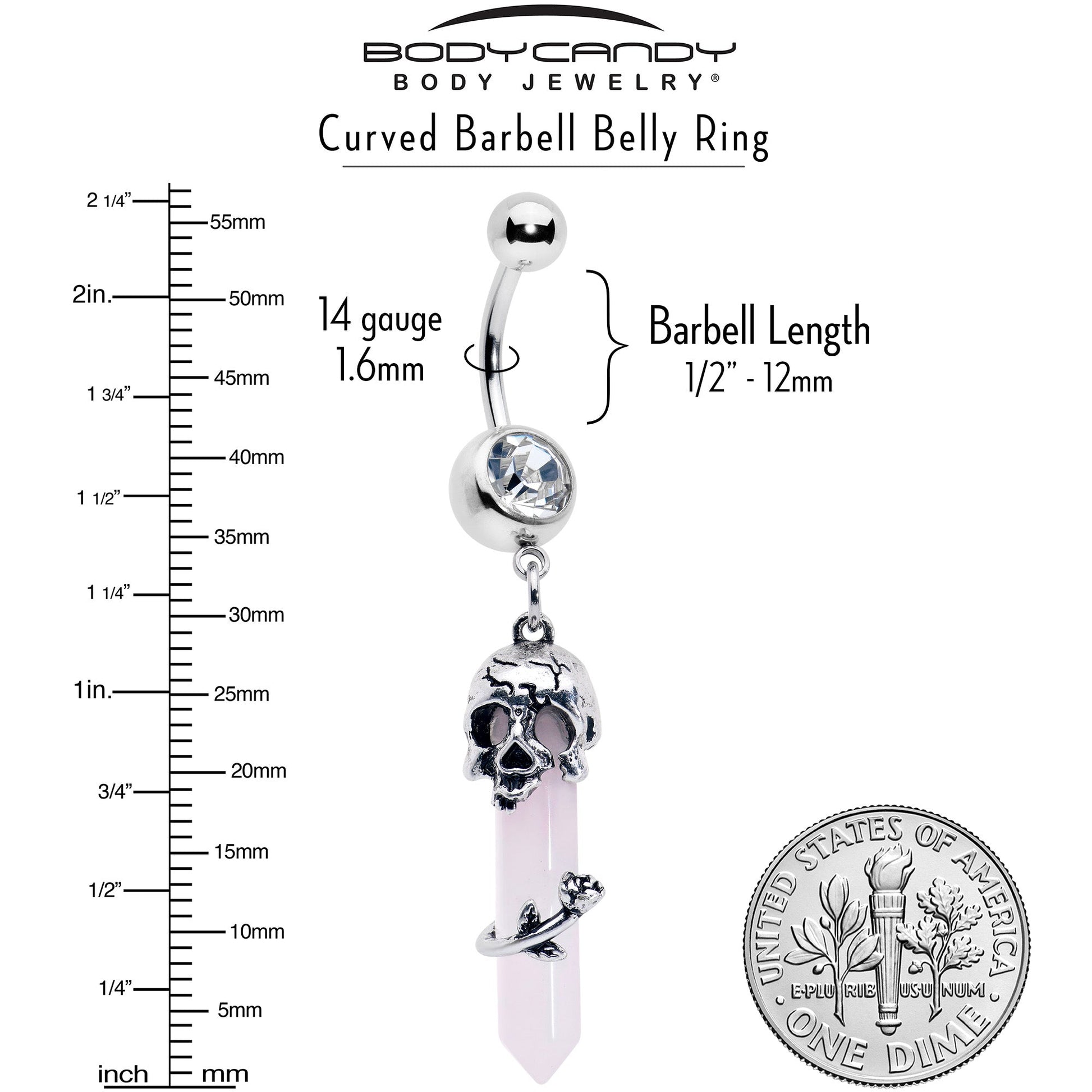 Pink Rose Quartz Skull Obelisk Rose Dangle Belly Ring - - BELLY RING Dangle