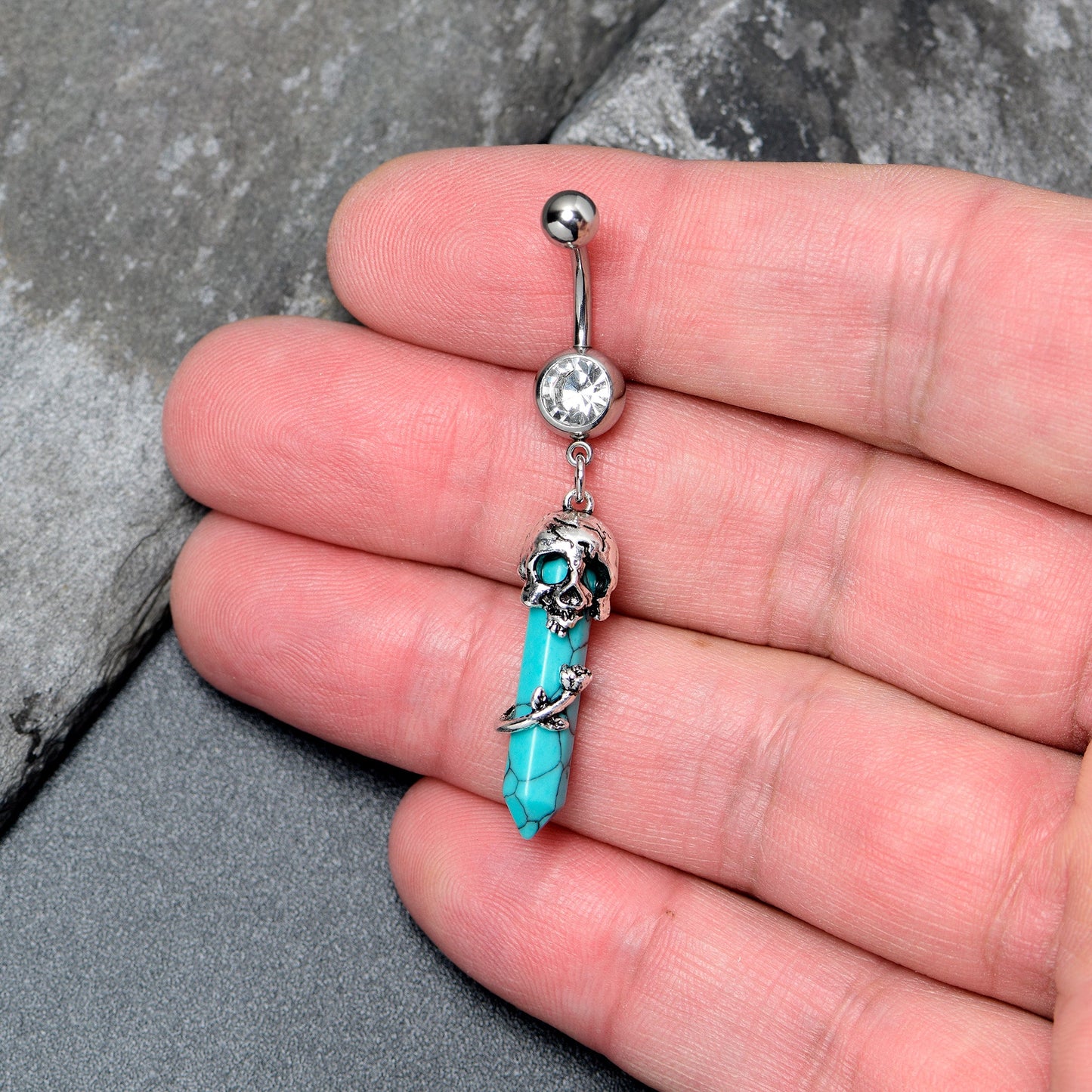 Blue Turquoise Skull Obelisk Rose Dangle Belly Ring - - BELLY RING Dangle