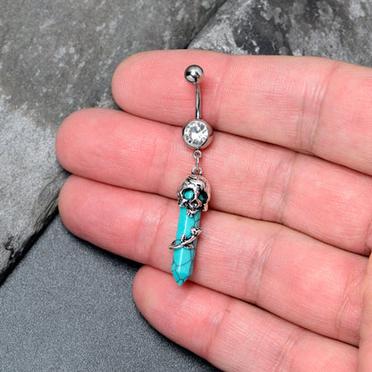 Blue Turquoise Skull Obelisk Rose Dangle Belly Ring - - BELLY RING Dangle