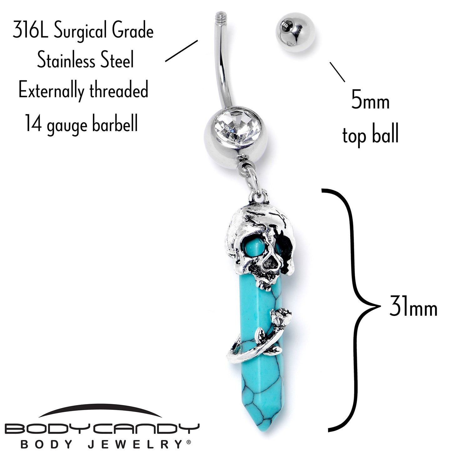 Blue Turquoise Skull Obelisk Rose Dangle Belly Ring - - BELLY RING Dangle