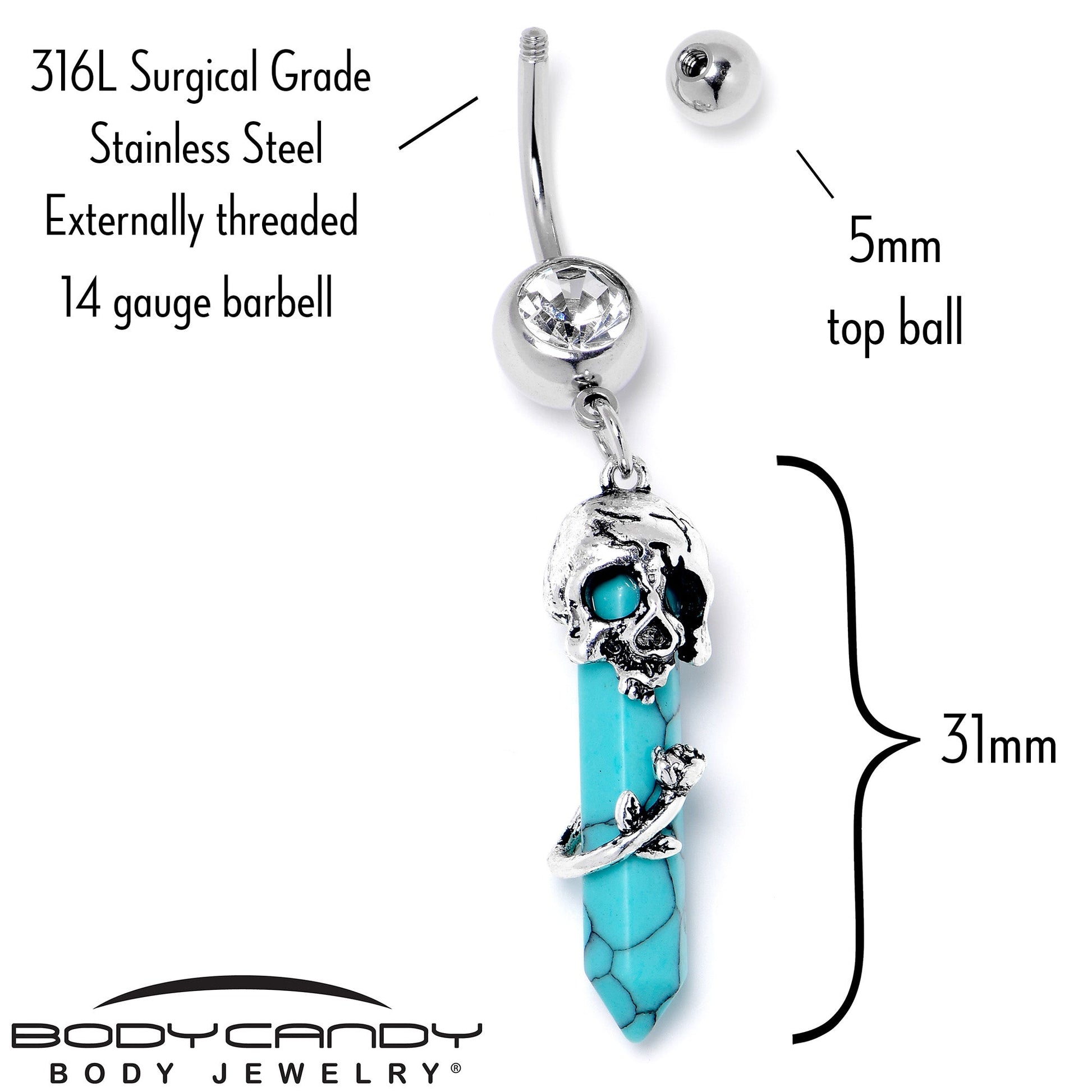 Blue Turquoise Skull Obelisk Rose Dangle Belly Ring - - BELLY RING Dangle