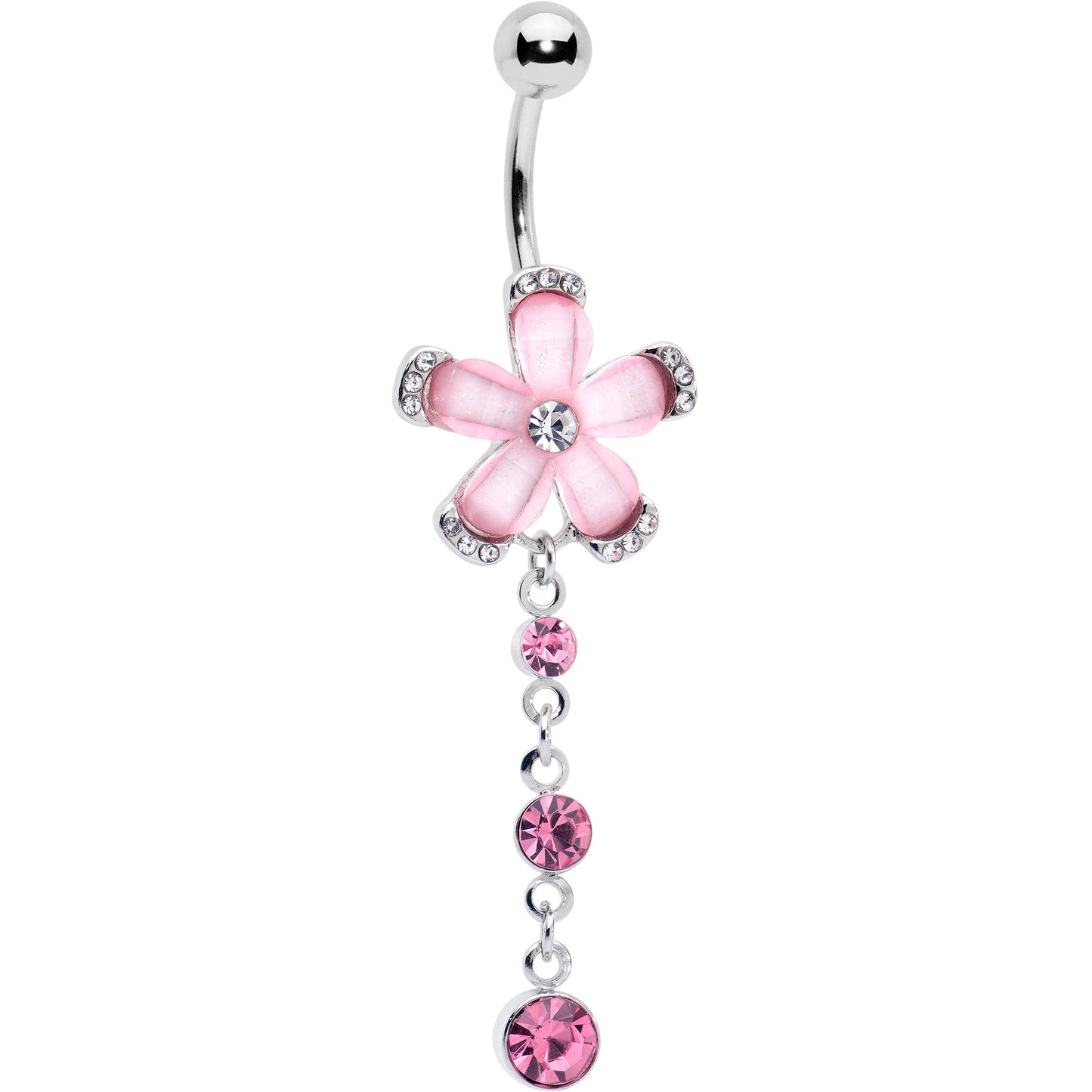 Pink Clear Gem Retro Flower Glamour Dangle Belly Ring - - BELLY RING Dangle