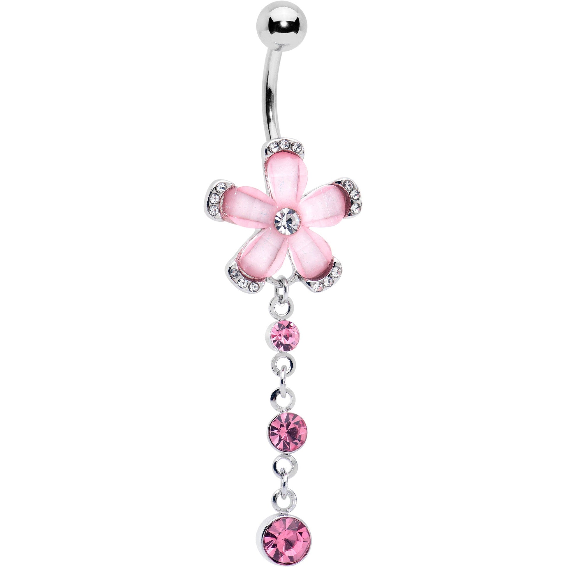 Pink Clear Gem Retro Flower Glamour Dangle Belly Ring - - BELLY RING Dangle