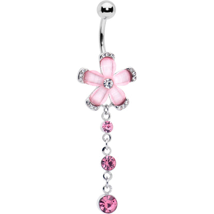 Pink Clear Gem Retro Flower Glamour Dangle Belly Ring - - BELLY RING Dangle