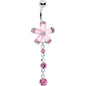 Pink Clear Gem Retro Flower Glamour Dangle Belly Ring - - BELLY RING Dangle