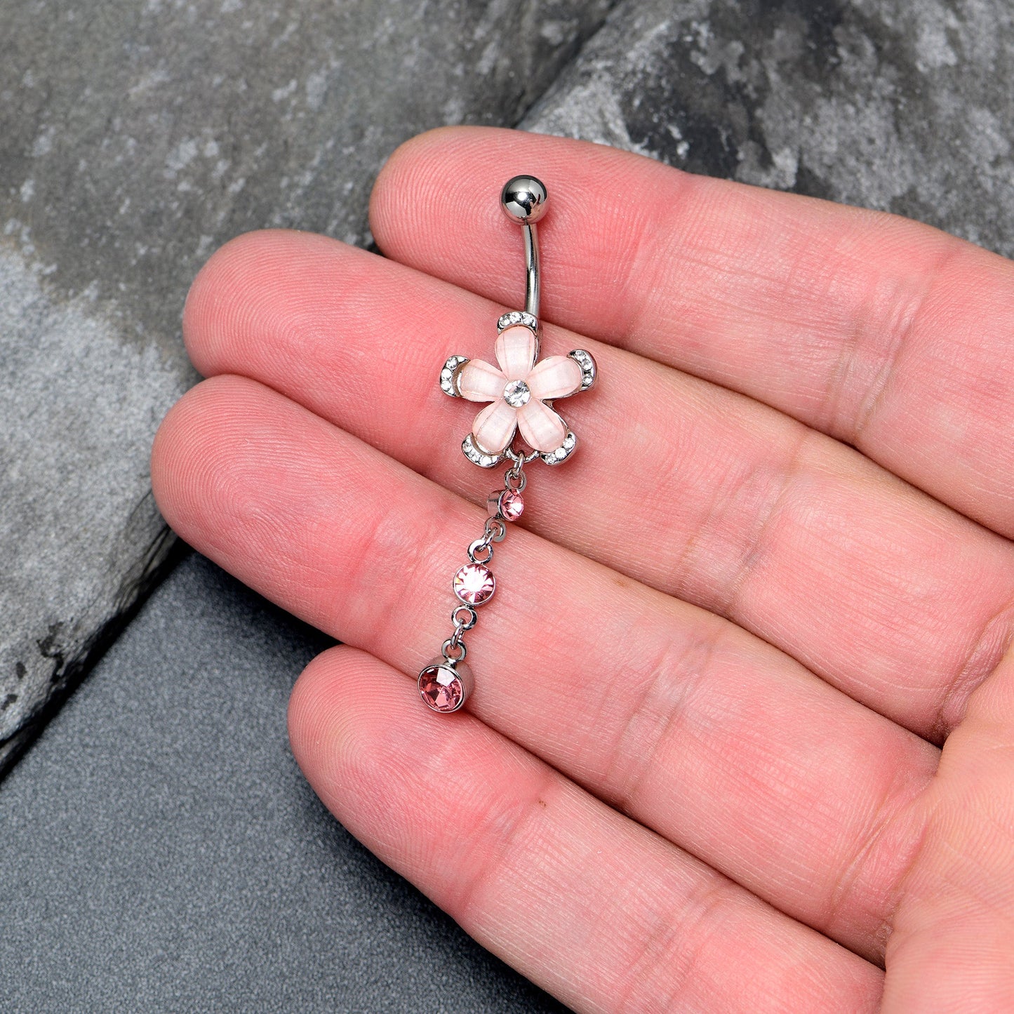 Pink Clear Gem Retro Flower Glamour Dangle Belly Ring - - BELLY RING Dangle