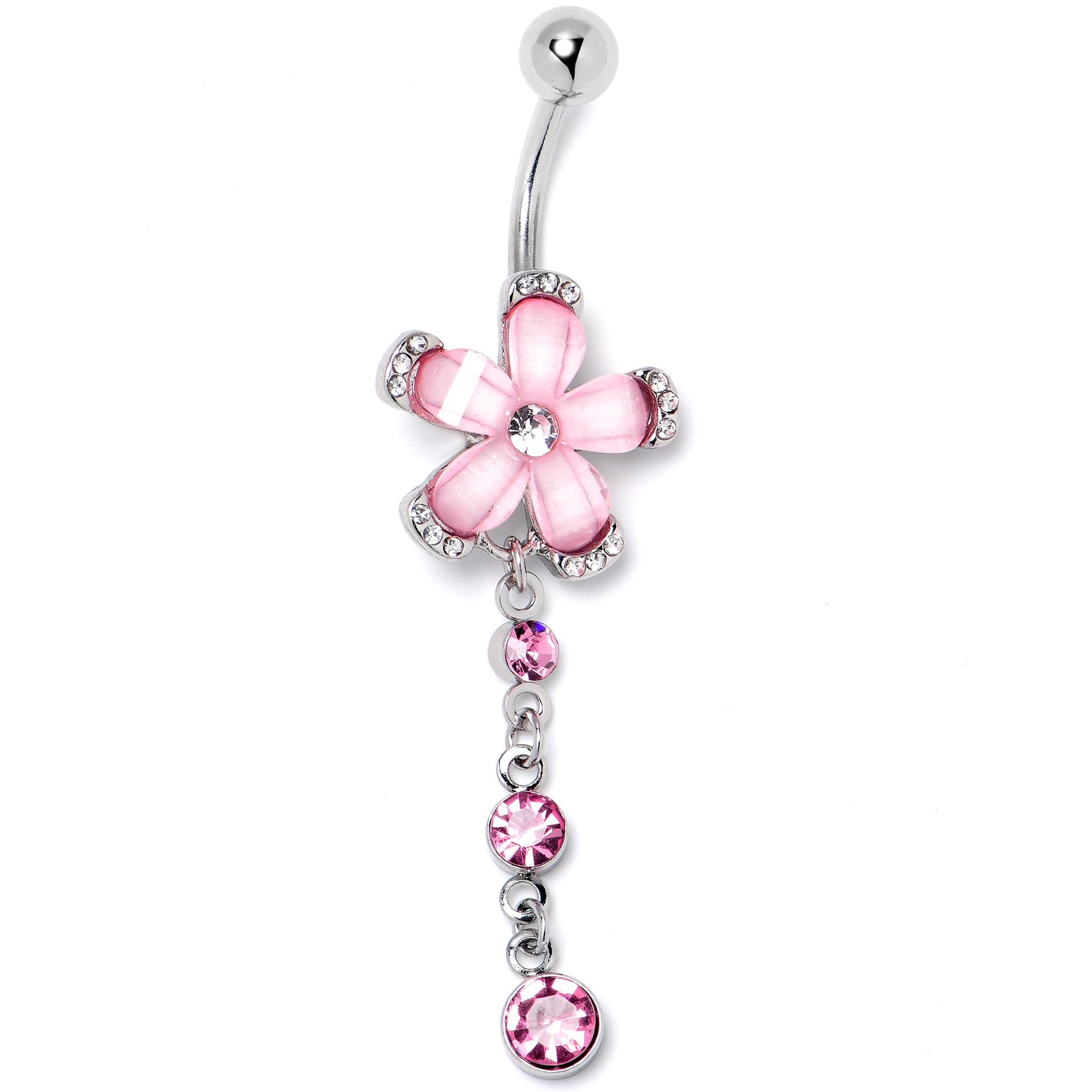 Pink Clear Gem Retro Flower Glamour Dangle Belly Ring - - BELLY RING Dangle