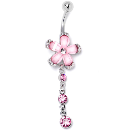 Pink Clear Gem Retro Flower Glamour Dangle Belly Ring - - BELLY RING Dangle