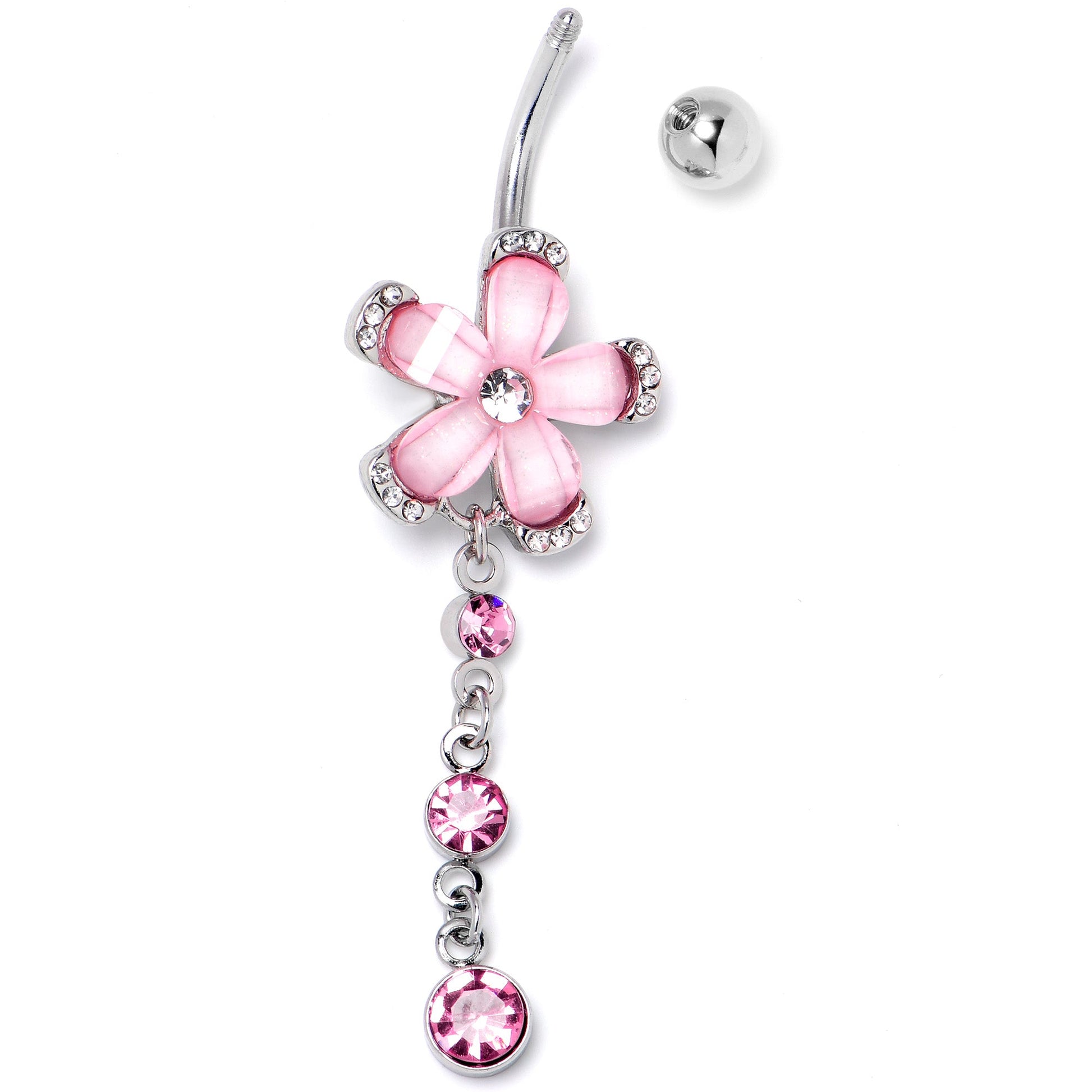 Pink Clear Gem Retro Flower Glamour Dangle Belly Ring - - BELLY RING Dangle