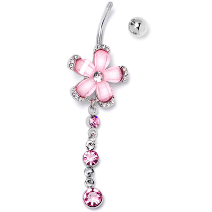 Pink Clear Gem Retro Flower Glamour Dangle Belly Ring - - BELLY RING Dangle