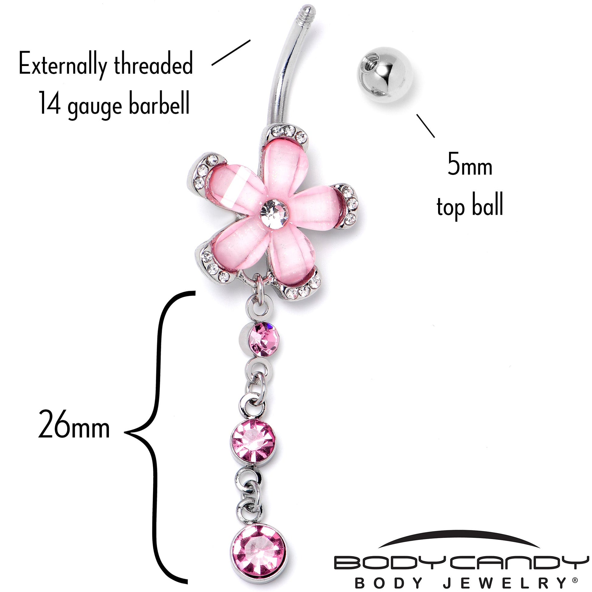 Pink Clear Gem Retro Flower Glamour Dangle Belly Ring - - BELLY RING Dangle