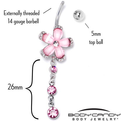 Pink Clear Gem Retro Flower Glamour Dangle Belly Ring - - BELLY RING Dangle