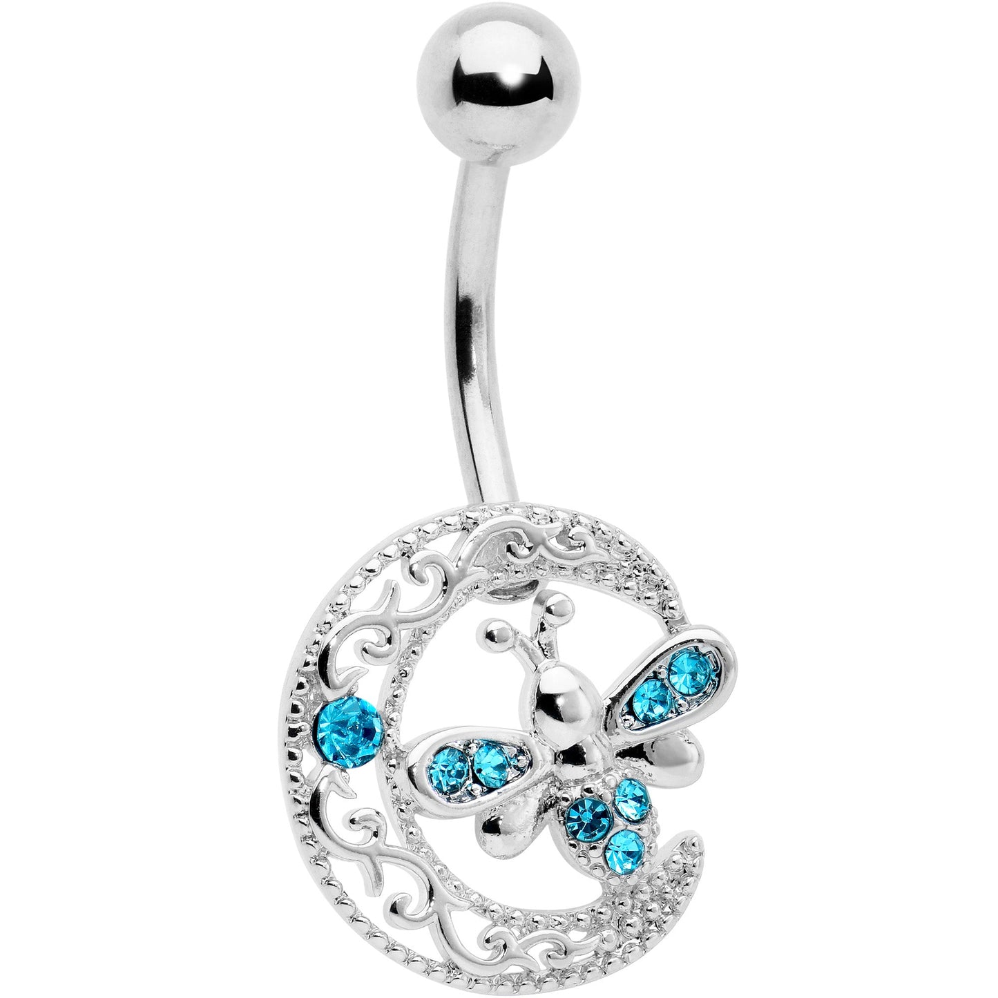 Blue Gem Lunar Dragonfly Dangle Belly Ring - - BELLY RING Dangle