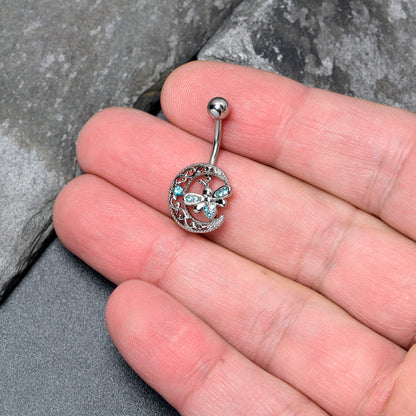 Blue Gem Lunar Dragonfly Dangle Belly Ring - - BELLY RING Dangle