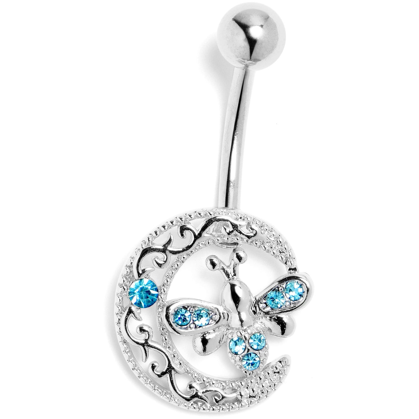 Blue Gem Lunar Dragonfly Dangle Belly Ring - - BELLY RING Dangle