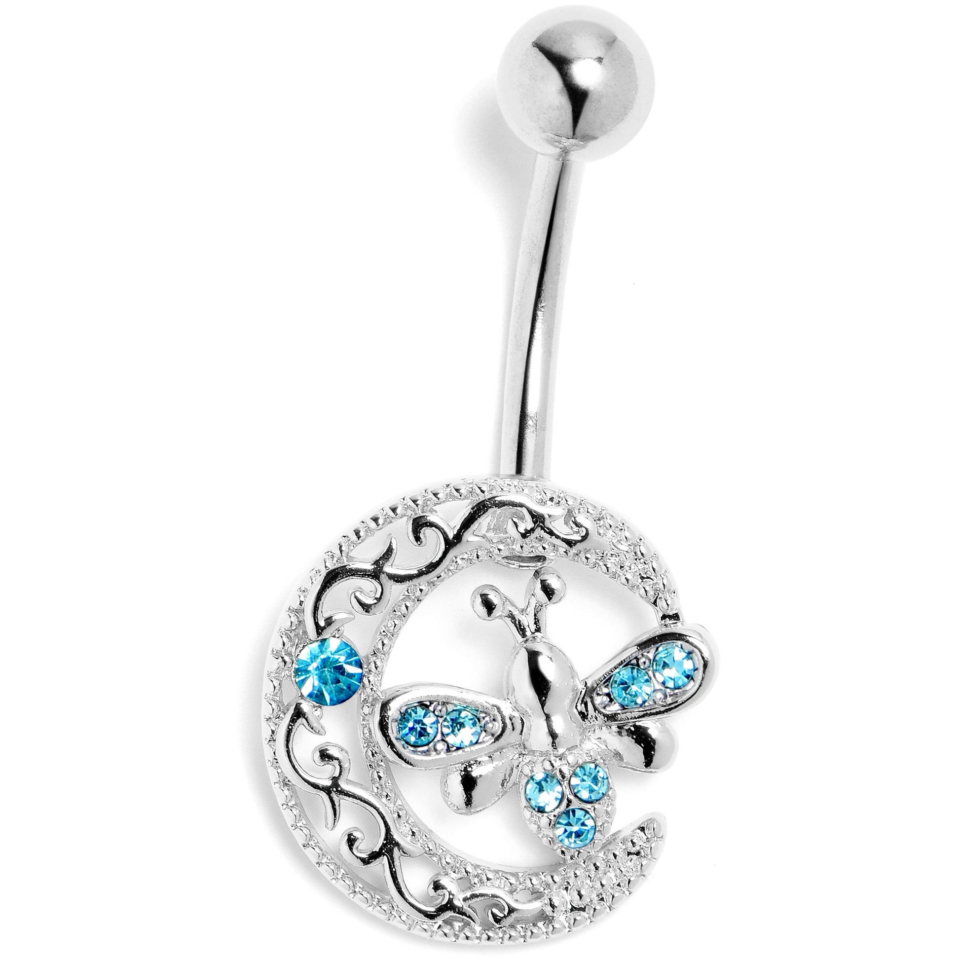 Blue Gem Lunar Dragonfly Dangle Belly Ring - - BELLY RING Dangle