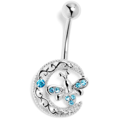 Blue Gem Lunar Dragonfly Dangle Belly Ring - - BELLY RING Dangle