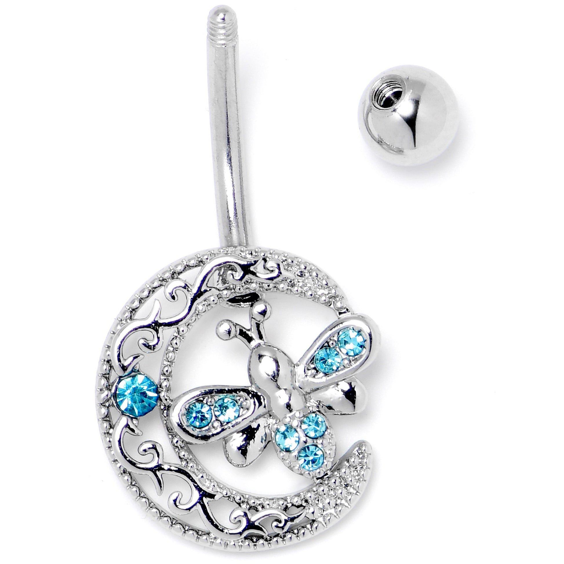 Blue Gem Lunar Dragonfly Dangle Belly Ring - - BELLY RING Dangle