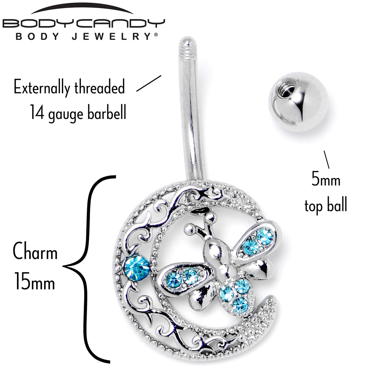 Blue Gem Lunar Dragonfly Dangle Belly Ring - - BELLY RING Dangle