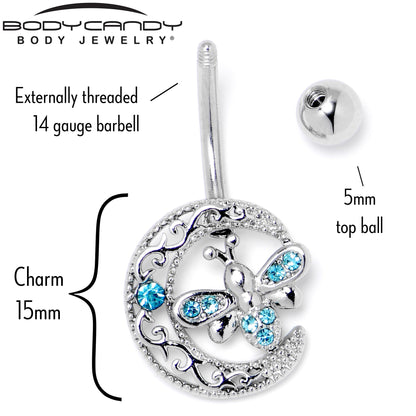 Blue Gem Lunar Dragonfly Dangle Belly Ring - - BELLY RING Dangle