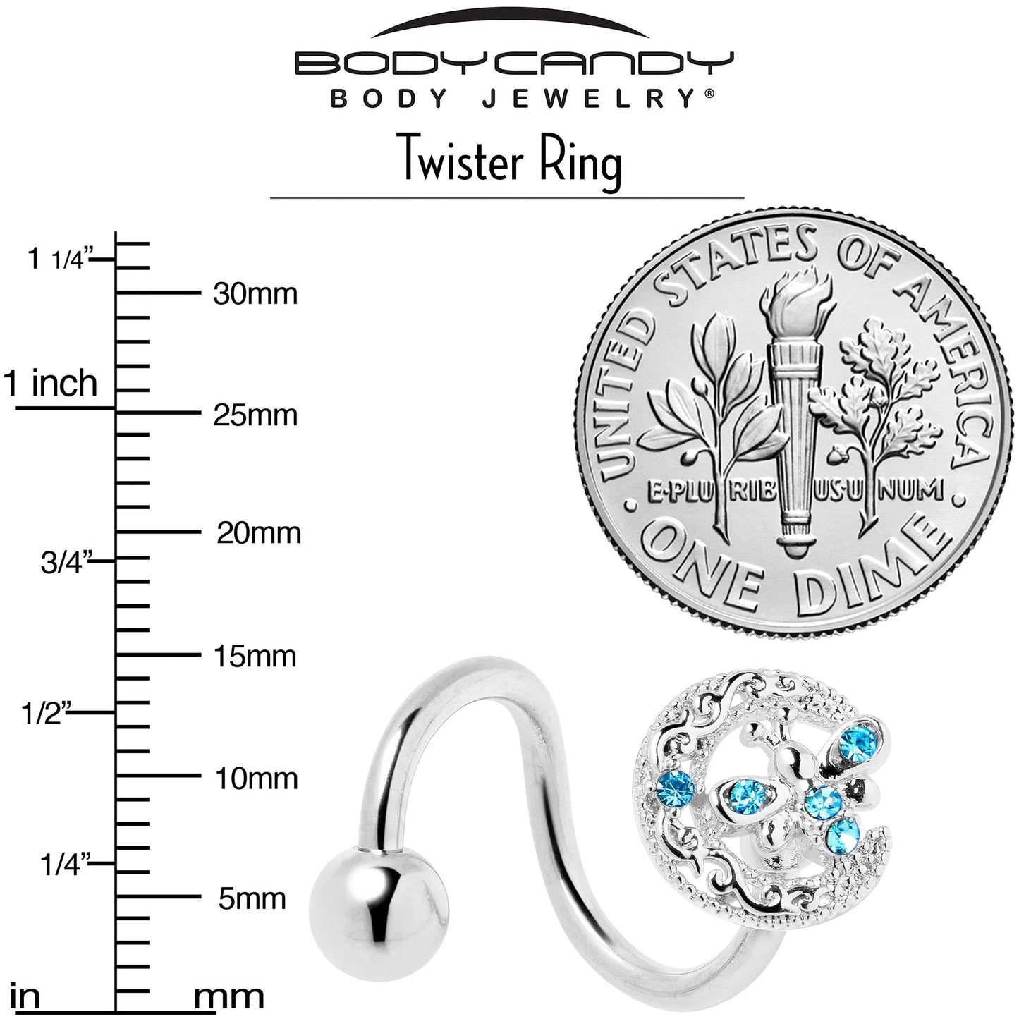 Blue Gem Lunar Dragonfly Spiral Twister Belly Ring - - BELLY RING Spiral