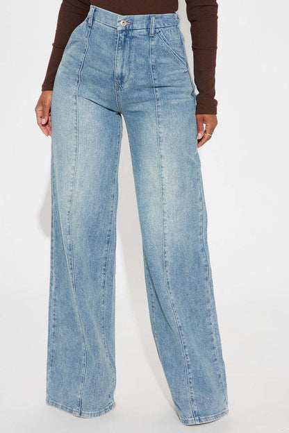 Straight-leg Washed Street-style Womens Jeans - Blue - Jeans