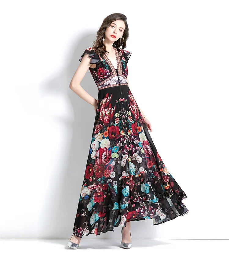 Floral High Waist Women Casual Sun Dress Sleeveless Casual Summer Maxi Dress