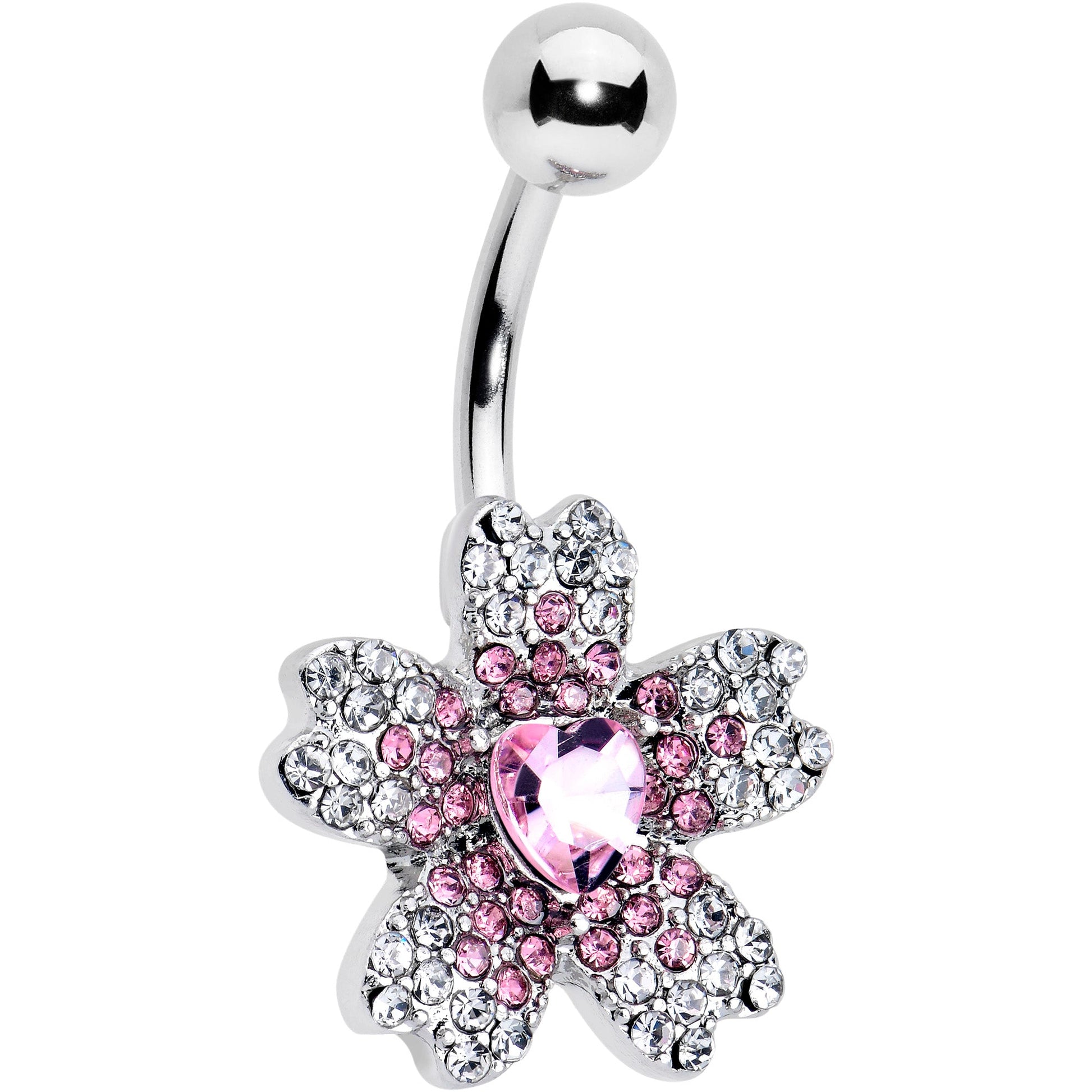 Clear Pink Gem Heart in Flower Belly Ring - - BELLY RING