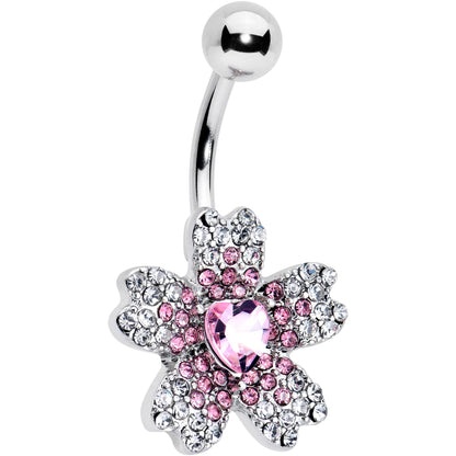 Clear Pink Gem Heart in Flower Belly Ring - - BELLY RING