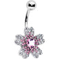 Clear Pink Gem Heart in Flower Belly Ring - - BELLY RING
