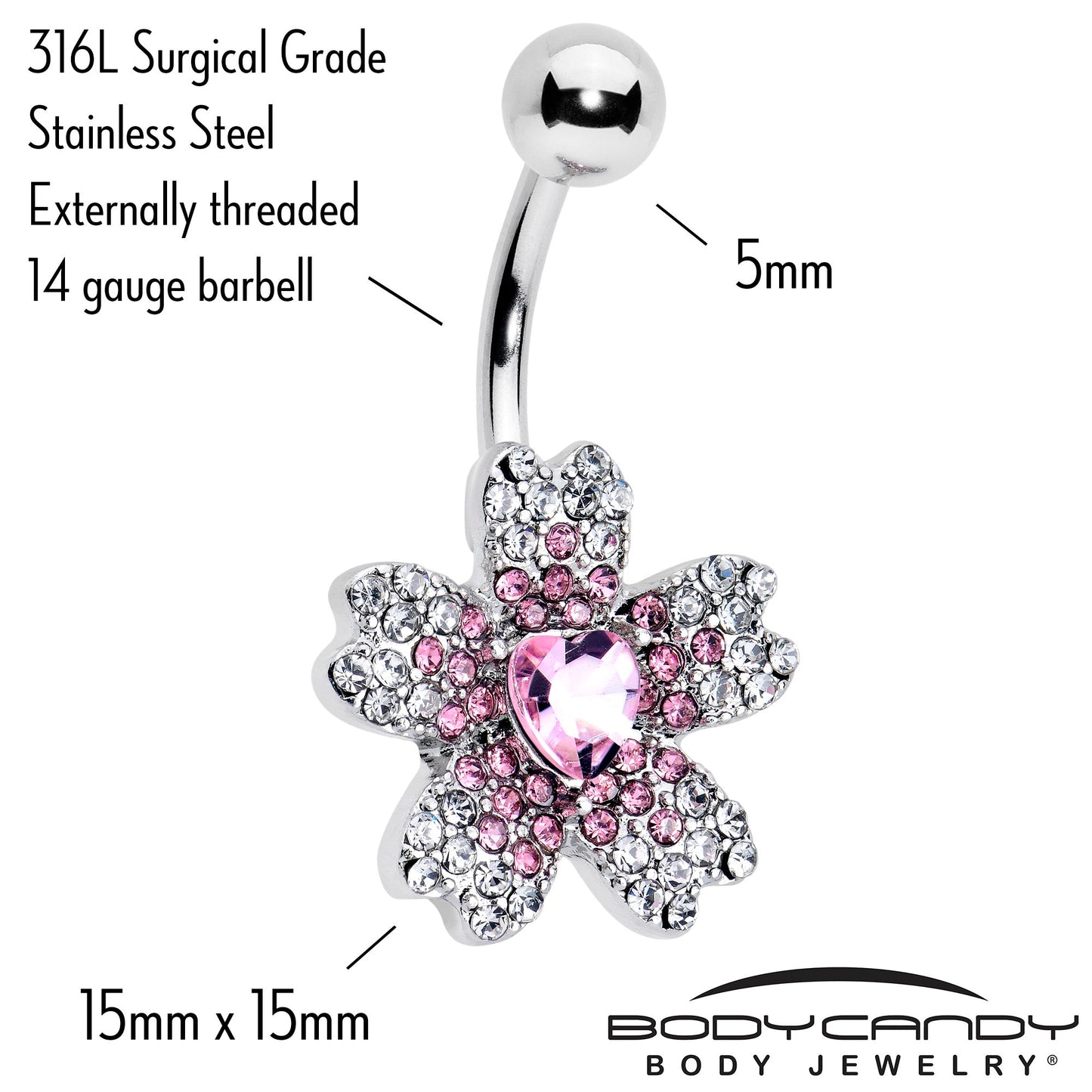 Clear Pink Gem Heart in Flower Belly Ring - - BELLY RING