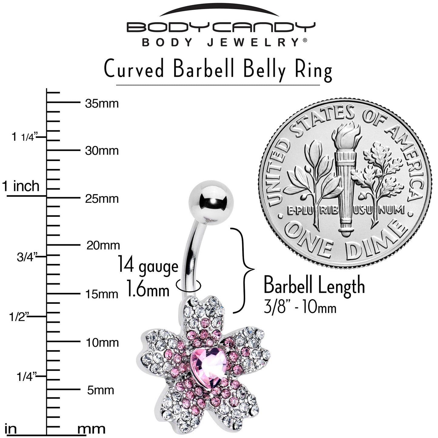 Clear Pink Gem Heart in Flower Belly Ring - - BELLY RING