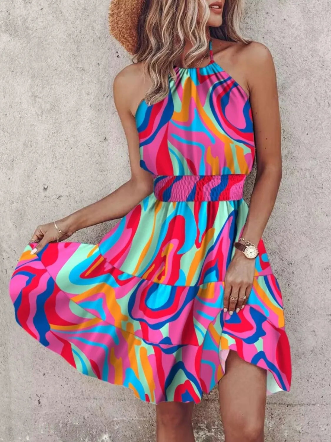 Paisley Print Halter Neck Mini Dress - Color -