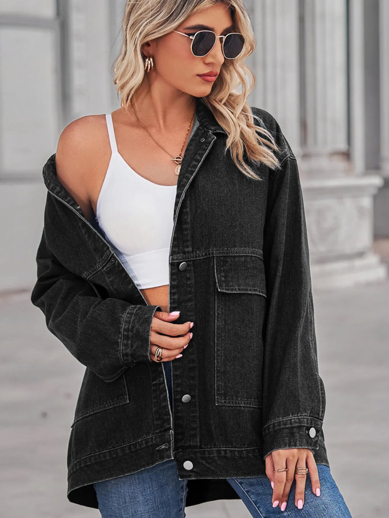 Button Up Long Sleeve Denim Jacket - -