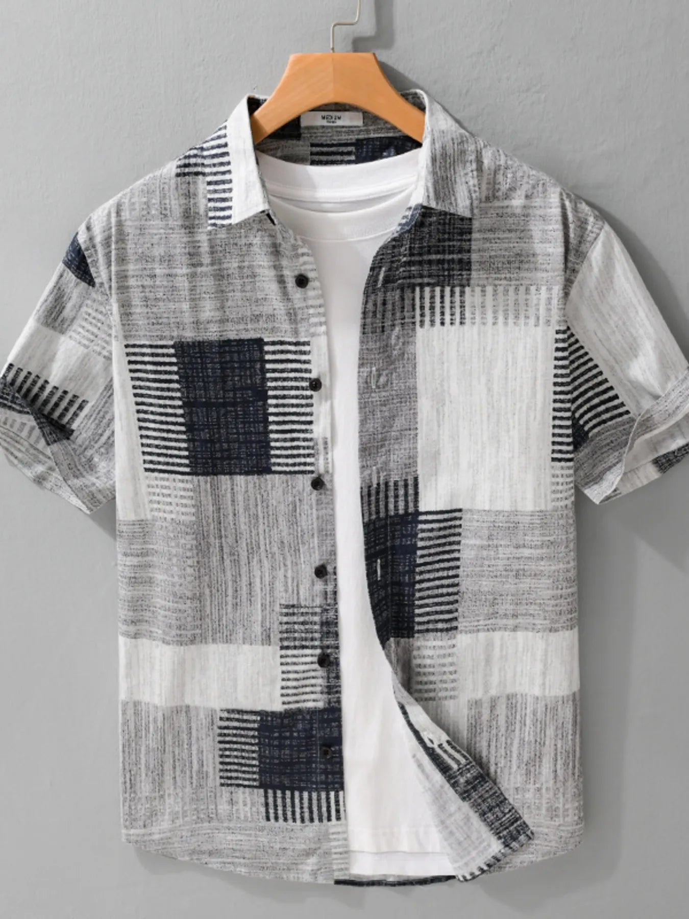 Men's Plus Size Patchwork Print Short Sleeve Shirt - Grey -