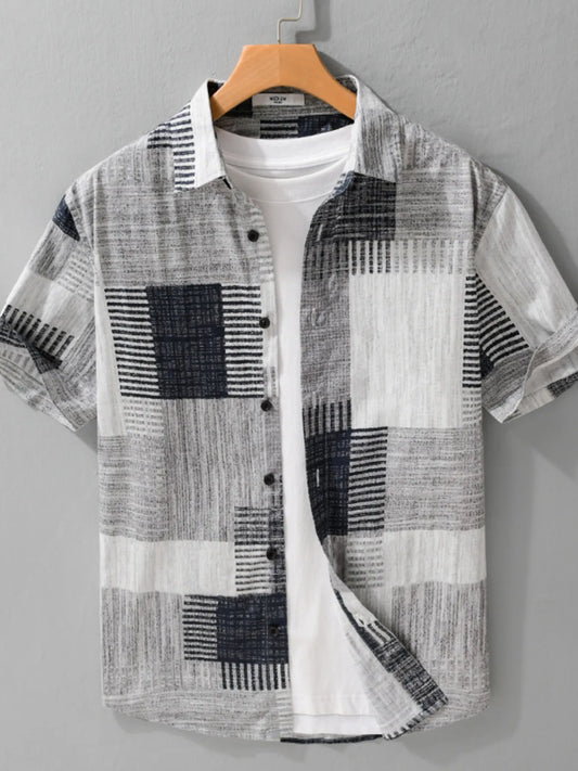 Men's Plus Size Patchwork Print Short Sleeve Shirt - Grey -