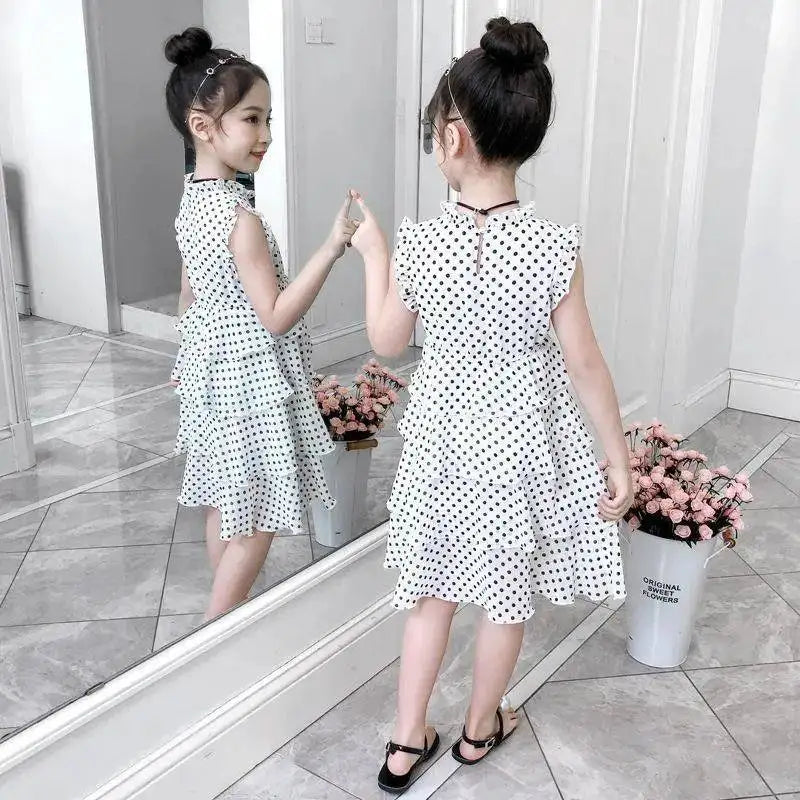 Sleeveless Girls Polka Dot Pleated Dress